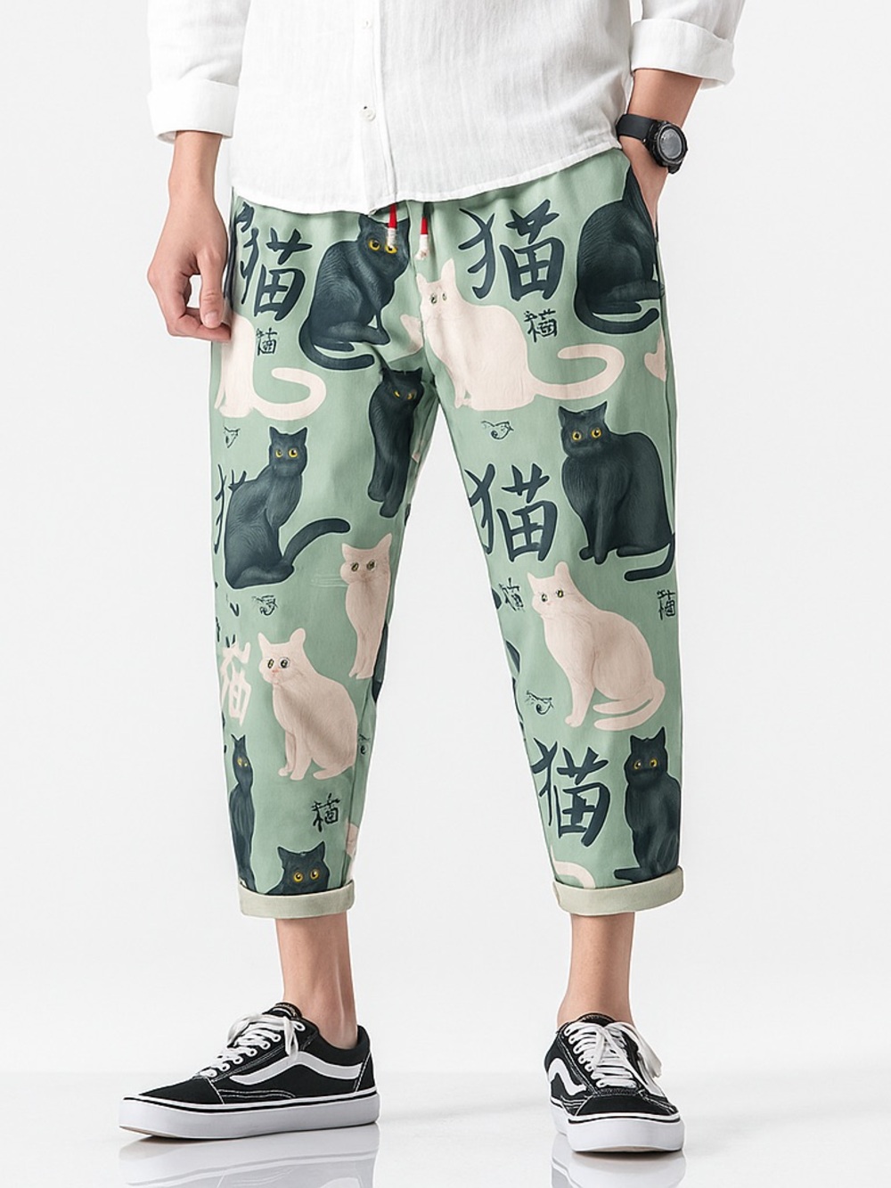 Kidoriman Neko Kaito Pants Cat Print Green Stretch Drawstring Waist Crop Japan